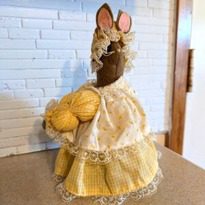 Vintage Stuffed Yellow Rabbit Easter Decor Toy Plush Bunny w/ Bonnet Primitive